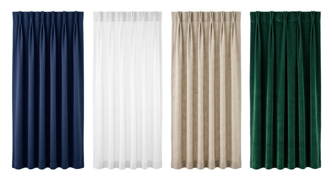 Set of modern pleated fabric curtains in blue white beige and green