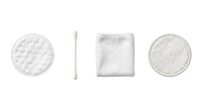 Set of facial cleansing accessories including cotton pad swab and towel