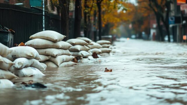 Flooded urban area with sandbags as temporary barrier.