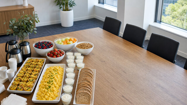 Fresh breakfast buffet with eggs, fruit, yogurt, granola, bread and coffee arranged on a wooden conference table in a bright modern office.