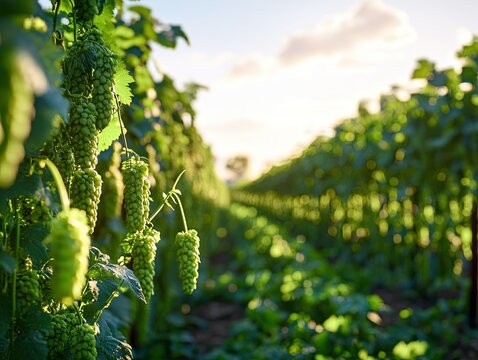 Green hops growing in a vineyard at sunset, agricultural landscape, potential use for beer or brewing industry.