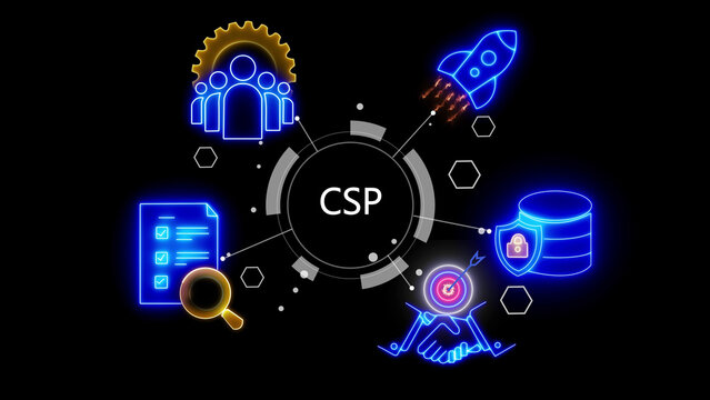 Neon glowing infographic concept featuring the acronym csp surrounded by business like a rocket, database, magnifying glass, and team, set against a dark black background, for technology themes