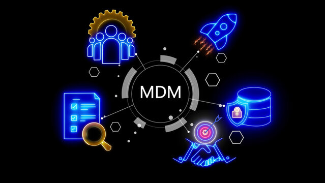 Neon glowing infographic concept featuring the mdm standard acronym surrounded by digital like a rocket, database, magnifying glass, and team gear on a dark background, for business technology
