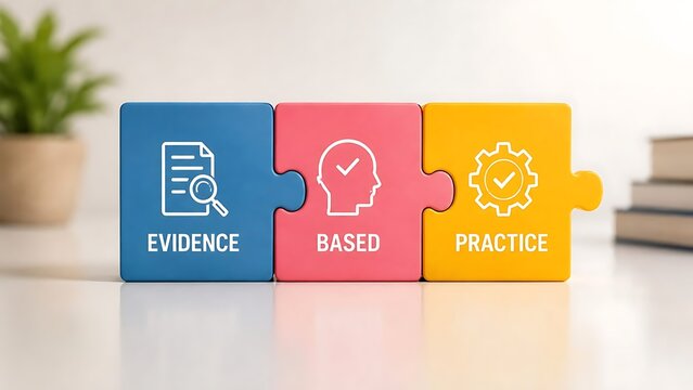 Interlocking puzzle pieces displaying evidence based practice text with icons representing integrated scientific methodology and strategy