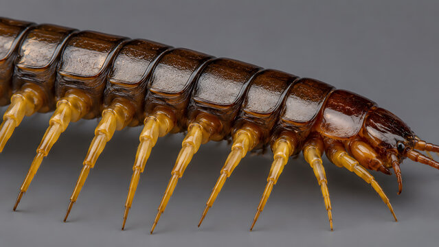 A centipede showing its brown segmented exoskeleton and sharp golden legs walking across a solid grey background.