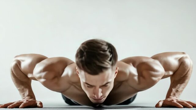Determined young man with short hair performing push-ups with a focus on his muscles and form.