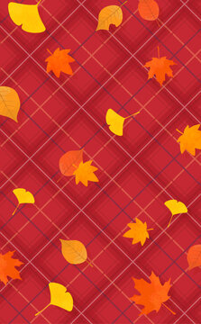秋の紅葉と赤色チェック柄の背景_縦