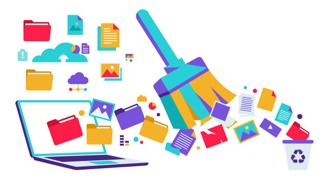 Digital Data Cleanup Concept with Broom Sweeping Files from Laptop into Recycle Bin Vector Illustration