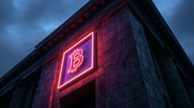 Glowing Neon Bitcoin Sign on Classical Bank Building Facade