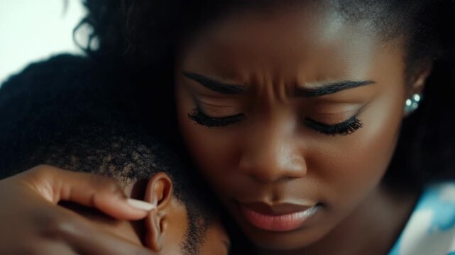 A woman looks on with concern as she holds a child's head.