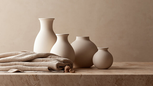 Ceramic Vases and Linen Fabric on Stone Table