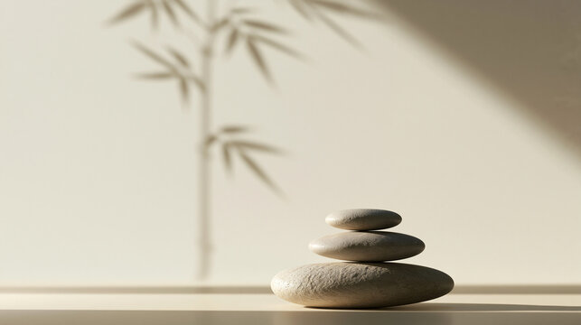 Stacked Zen Stones with Bamboo Shadow on Neutral Background