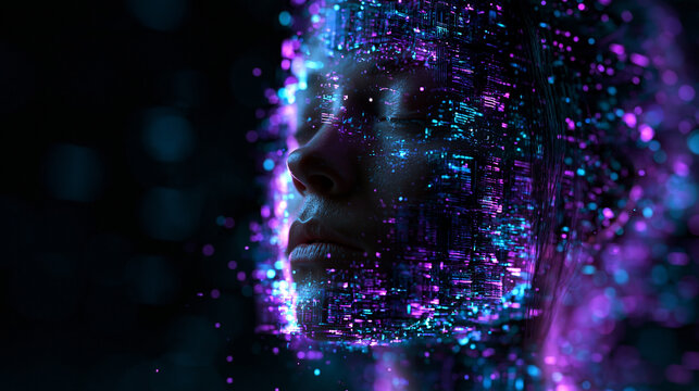 AI Digital Human Face with Glowing Data Matrix