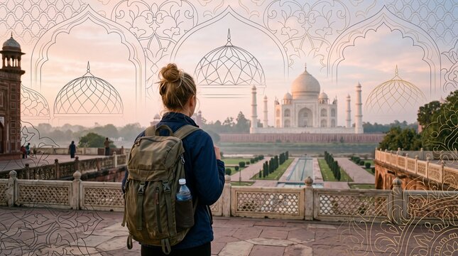 Female Traveler with Backpack Looking at Taj Mahal in India