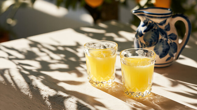 Chilled Italian Limoncello in Glasses on Mediterranean Table