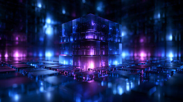 Glowing Abstract Cube Representing Quantum Computing and Big Data