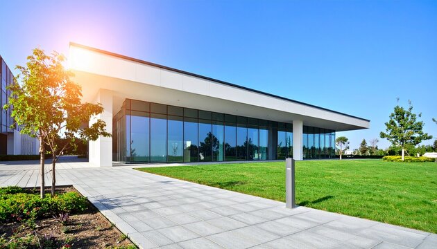Modern corporate building exterior on sunny day