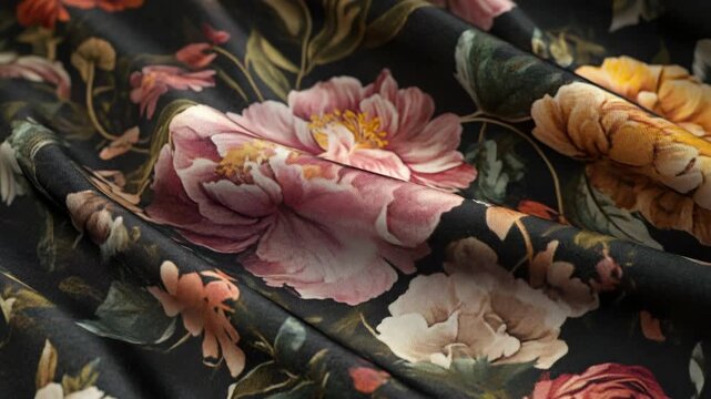 Close-up of a fabric with an ornate floral pattern featuring roses and peonies in pink, white, and yellow tones.