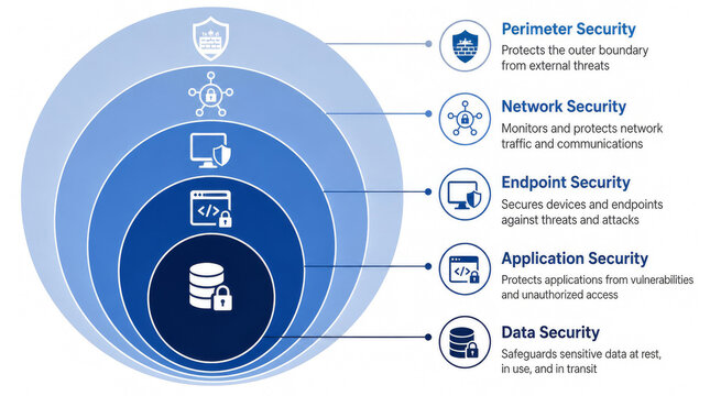 Layered cybersecurity defense infographic with five concentric rings