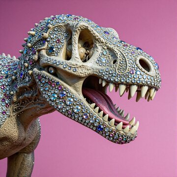 A T-Rex dinosaur skeleton covered in sparkling rhinestones on a pink background