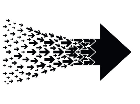 vector Many small arrows merging into one large arrow symbolizing direction progress and collective movement towards a goal on transparent background