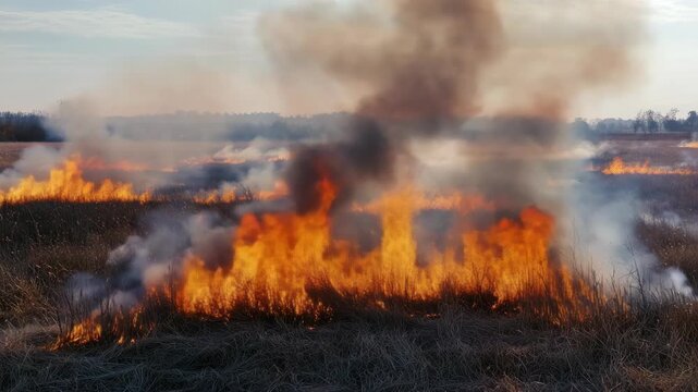 A wildfire spreading across a landscape of dried plants.