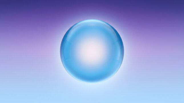 Glossy glowing blue crystal sphere floating against a soft gradient purple background for abstract display.
