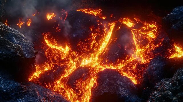 A dramatic of a volcano erupting with molten lava.