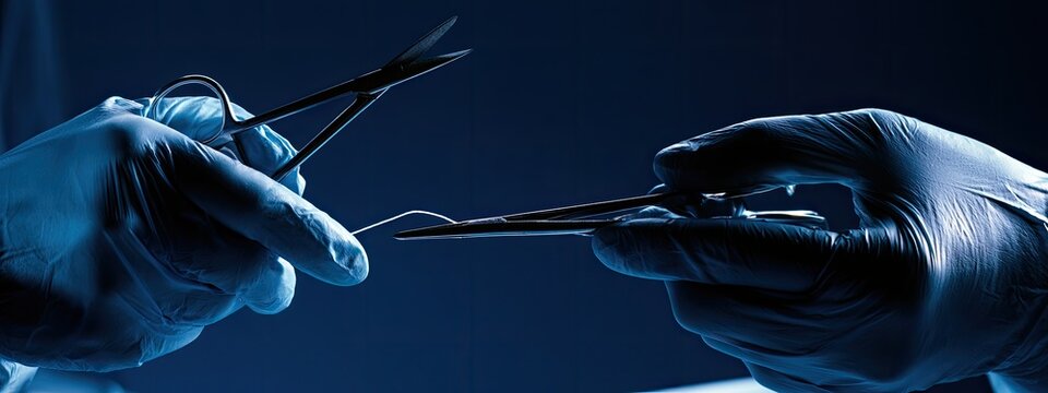 Gloved hands exchange surgical instruments under blue lighting