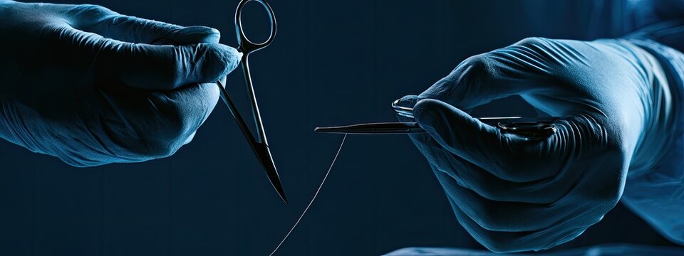 Gloved hands hold surgical tools and needle with thread