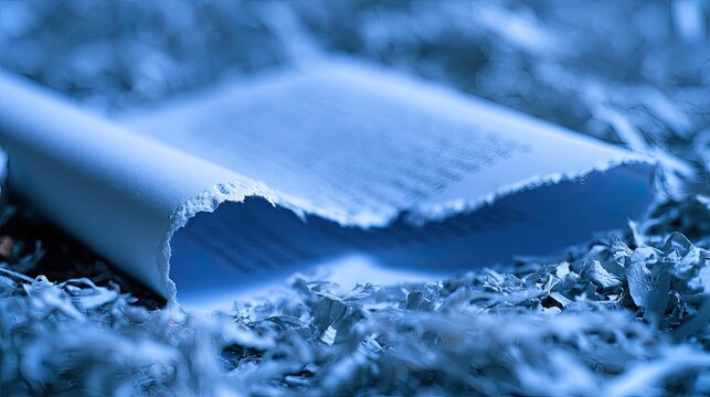 Torn paper roll rests on a bed of shredded paper, bathed in cool blue light