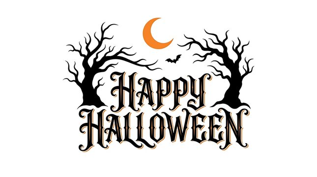 Happy Halloween text with spooky trees and moon graphic illustration for holiday celebration