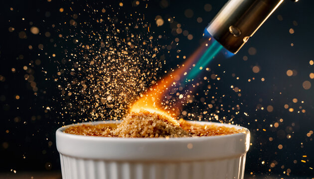 Dramatic Flame Pour Over Creme Brulee in Kitchen.