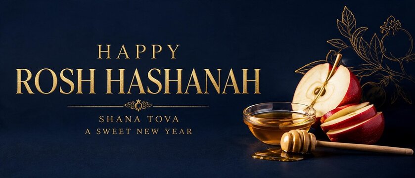 > Happy Rosh Hashanah greeting banner. Jewish New Year holiday concept with sliced red apple, honey, and elegant gold text Shana Tova on dark blue background.
