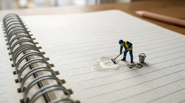 Small Construction Worker Figurine Cleaning on Notebook Paper
