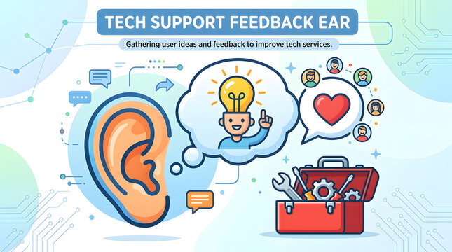 Tech support ear icon graphic with bulb and toolkit elements to improve digital feedback gathering services.