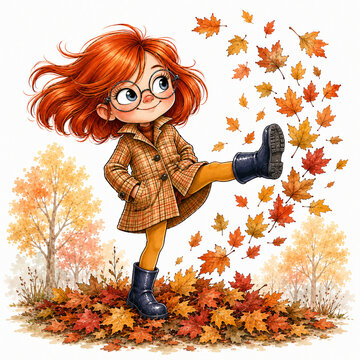 Girl with red hair kicking autumn leaves in playful fall illustration