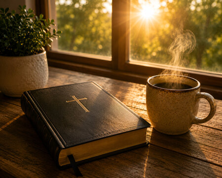 Closed Bible with Gold Cross and Steaming Coffee in Morning Sunlight