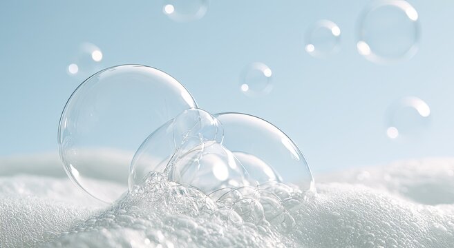 Delicate spheres float on a frothy surface against a serene sky