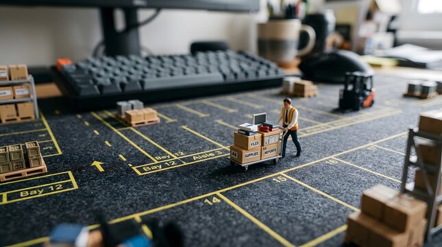 Miniature Worker Pushing Cart on Warehouse Themed Desk Mat