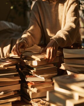 Librarian Organizing Stacks of Books in Warm Library Light