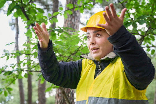 Female supervisor wearing work clothes gestures with her hands while giving orders to the workers of a tree felling company
