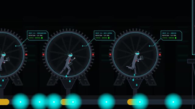 Conceptual animation of corporate businessmen running in hamster wheels to generate human capital yield and maximize system profit