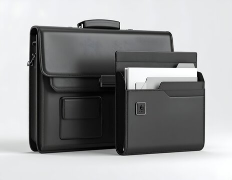 Black leather briefcase and organizer, both containing files, set against a plain background