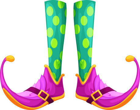 Funny curved toe shoes on green dotted stockings