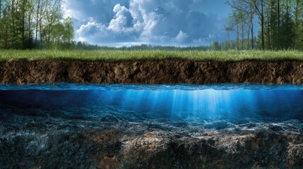 Fototapeta premium Layers of Earth forest, soil, and clear water with underwater rays