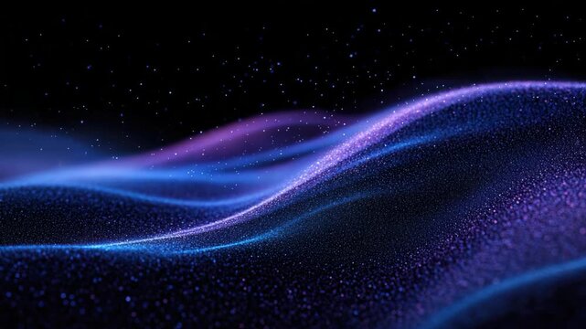 A vibrant depiction of a nebula with wisps of purple and blue, speckled with tiny white stars.