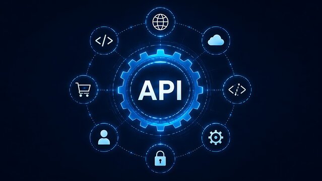 Application programming interface central hub gear connecting digital software and web service icons