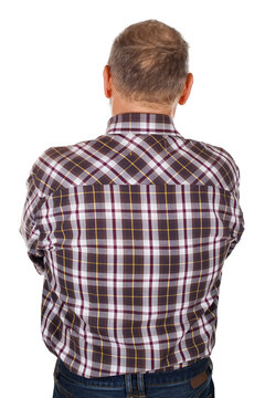 Back View of Mature Man with Thinning Hair on White Background