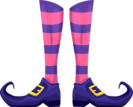 Witch enchantress curved shoes on legs isolated